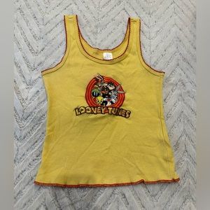 Looney Tunes Ribbed Tank Top Women's Sz XS Y2K 90s Style Yellow Embroidered